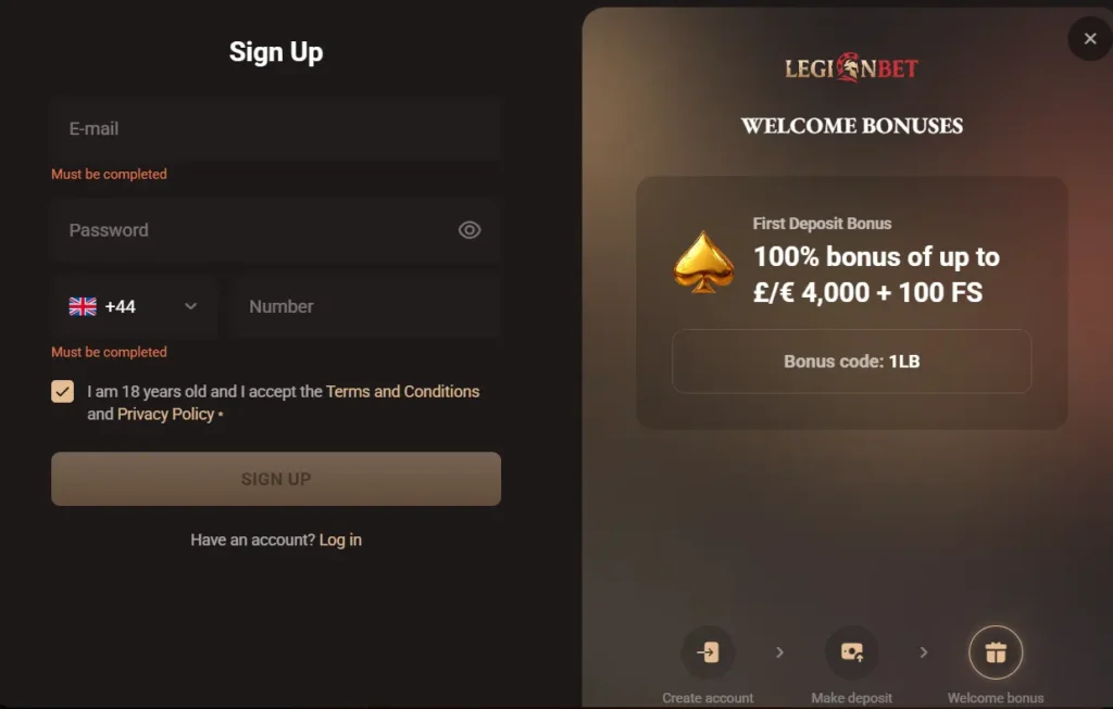 LegionBet sign-up form displaying a 100% welcome bonus offer for new players.