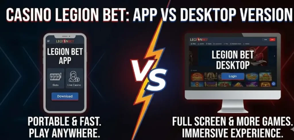 A comparison banner showing the LegionBet app versus the desktop version, highlighting portability versus full-screen experience.