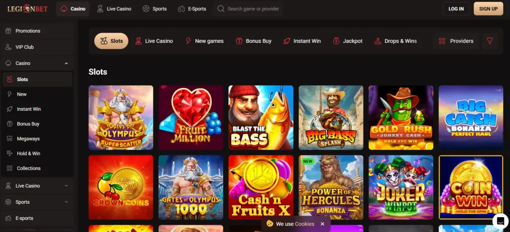 LegionBet slots section displaying a grid of popular titles, showcasing the extensive game variety.