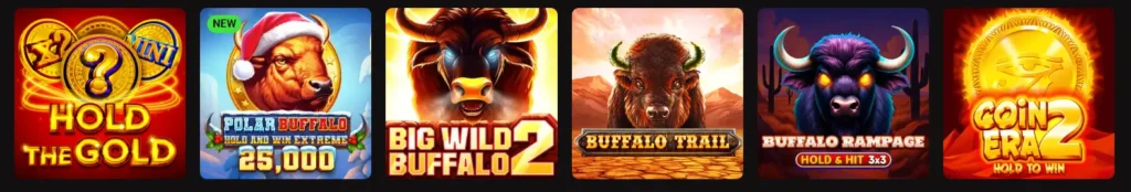 Row of Buffalo and Hold & Win slot games, showcasing popular titles available at LegionBet.