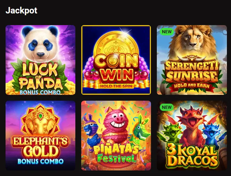 LegionBet jackpot slots grid featuring games like Luck of Panda and Coin Win.