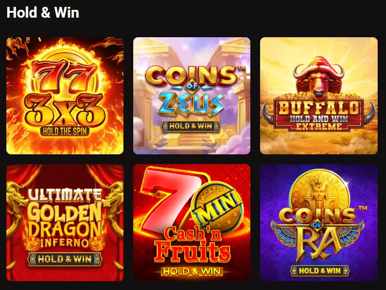 LegionBet Hold & Win slots grid featuring popular titles like Coins of Zeus and Coins of Ra.