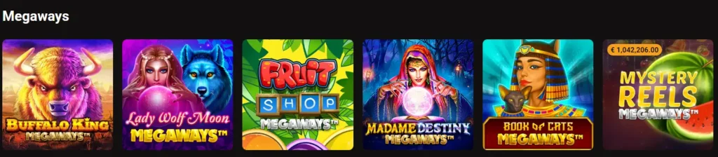 LegionBet Megaways slots collection featuring popular titles like Buffalo King and Lady Wolf Moon.