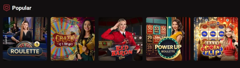 LegionBet popular live casino games section featuring Roulette and Crazy Time.