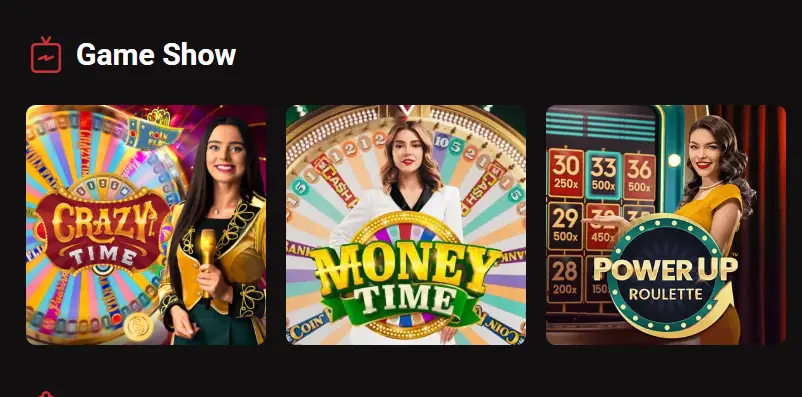 LegionBet Game Show section with popular live titles like Crazy Time and Money Time.