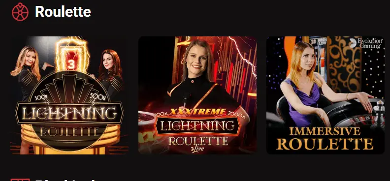 LegionBet live roulette section featuring Lightning Roulette and Immersive Roulette.