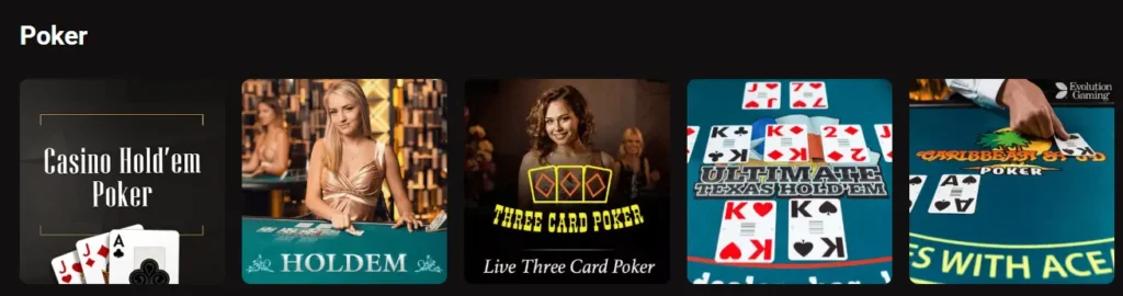 LegionBet live poker section featuring tables like Casino Hold'em and Three Card Poker.