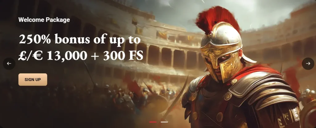 LegionBet welcome banner with a Roman soldier offering a 250% bonus and 300 free spins.