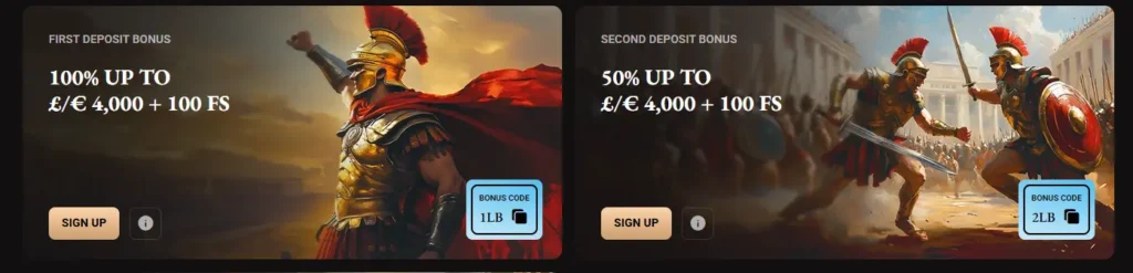 LegionBet first and second deposit bonus banners featuring Roman soldiers and codes.