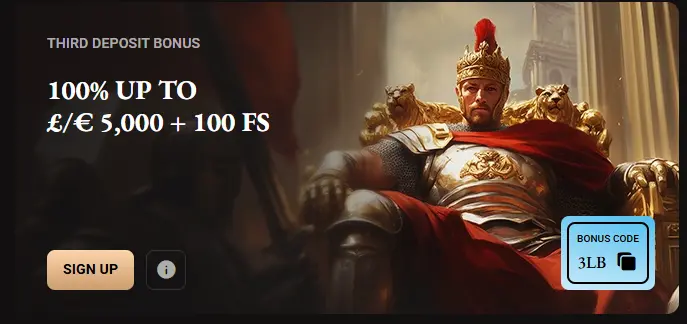 LegionBet third deposit bonus banner offering 100% up to £/€ 5,000 + 100 FS with code 3LB.