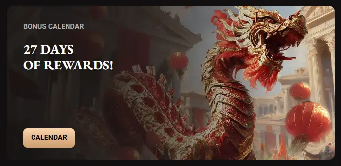 LegionBet bonus calendar featuring a red dragon, promoting 27 days of rewards for active players.