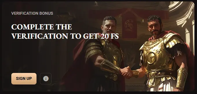 LegionBet verification bonus banner with Roman soldiers offering 20 free spins for signing up.