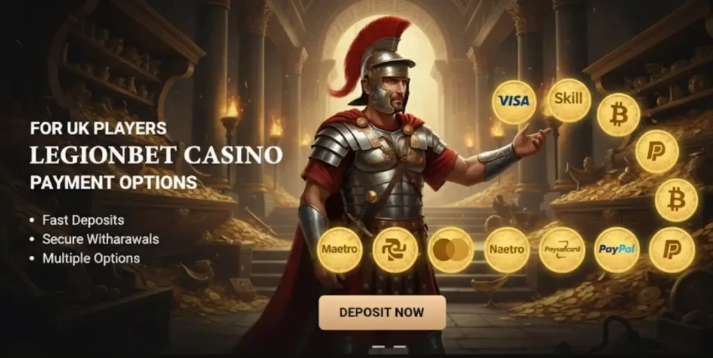LegionBet UK payment options banner showing Roman soldier with Visa and PayPal icons.