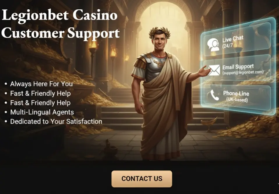 LegionBet customer support banner showing Roman leader and contact options like Live Chat and Email.