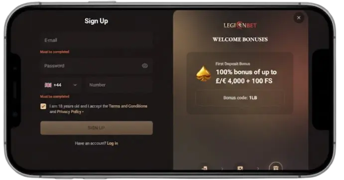 Mobile sign-up screen for LegionBet with a 100% welcome bonus, showing user registration steps.