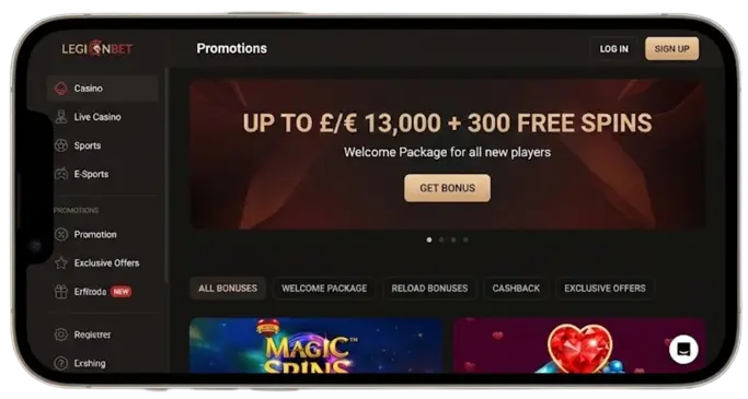 LegionBet casino promotions page on a mobile phone, showing a welcome bonus of up to £/€ 13,000.